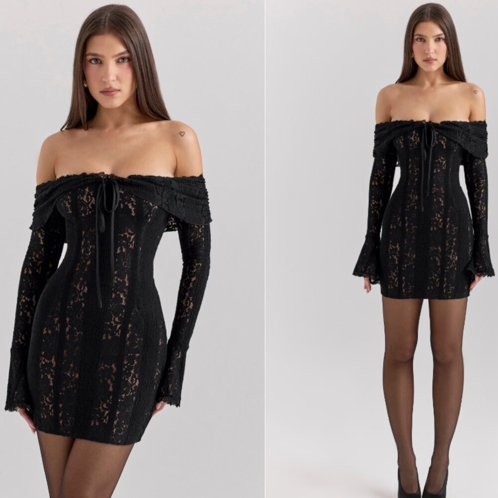 House of CB 'Sadie' black floral lace off shoulder mini dress NWOT